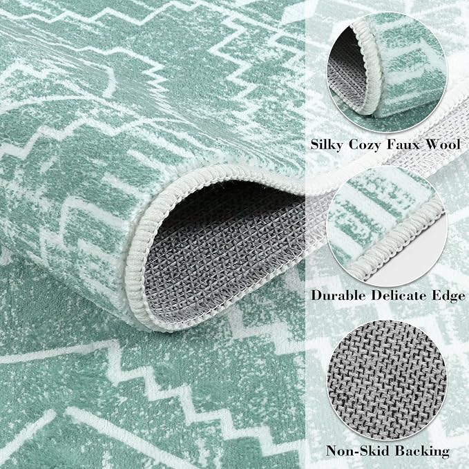 Wonnitar Moroccan Area Rugs 4x6, Sage Green Boho Rug for Bedroom, Washable Ultra-Thin Living Room Throw Mat, Farmhouse Geometric Soft Print Carpet for Nursery Bathroom Kitchen (Mint Green,4'x6')