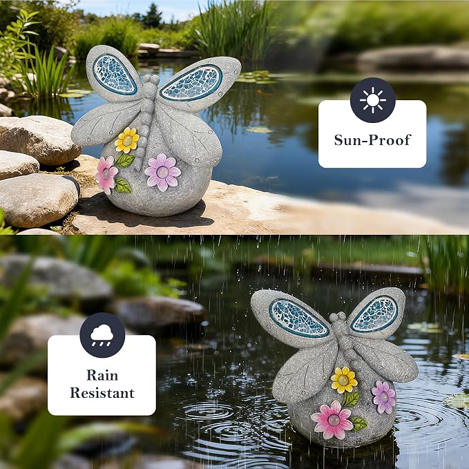 Dragonfly Garden Decor with Solar Cracked Glass Wings & Flower Lights | Solar Outdoor Statue for Patio, Lawn, Yard Ornament Eco-Friendly Housewarming, Birthday Gift for Women