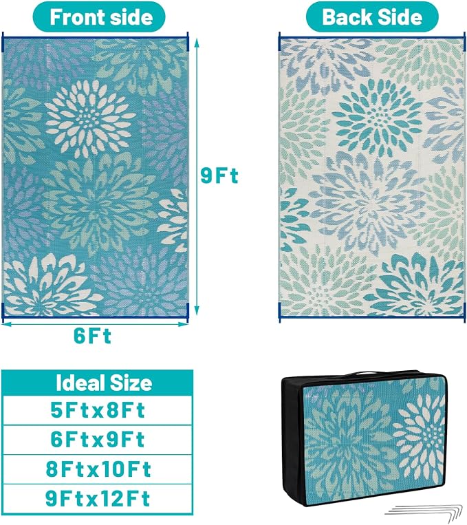 HEBE Waterproof Outdoor Rug 6x9 for Patios, Floral Reversible Plastic Straw Rug Patio Mat, Indoor Outdoor Carpet RV Mat Camping Rug for Deck, Camper, Porch, Balcony, Backyard, Picnic