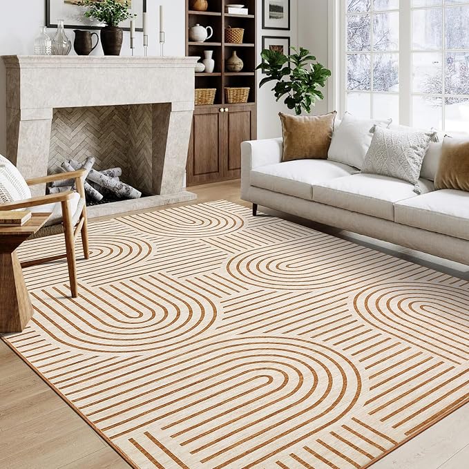 ROYHOME Modern Washable Rug 10x13 Area Rugs for Living Room Non Slip Orange | Abstract Rug for Bedroom, Rainbow Throw Rugs with Rubber Back, Low Pile Stain Resistant Boho Geometric Carpet for Dining Room