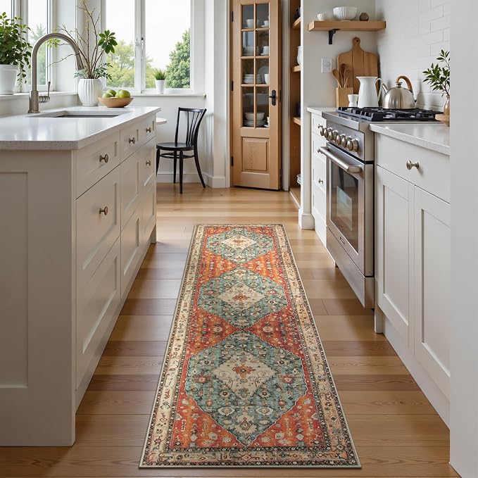 Lahome Felice Boho Tribal Runner Rug - 2x7 Hallway Kitchen Runner Rug Washable Bathroom Laundry Mat Faux Wool Non-Slip Floor Carpet for Entryway Bedroom Living Dining Room,Rust/Dull Teal