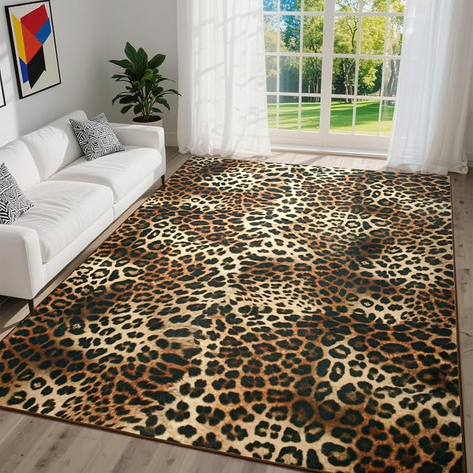 DweIke Leopard Rugs for Living Room, 4x6 Cheetah Print Rug for Bedroom Decor, Washable Non-Slip Stain Resistant Faux Animal Throw Carpet for Dining Room Office Western Home, Dark Brown