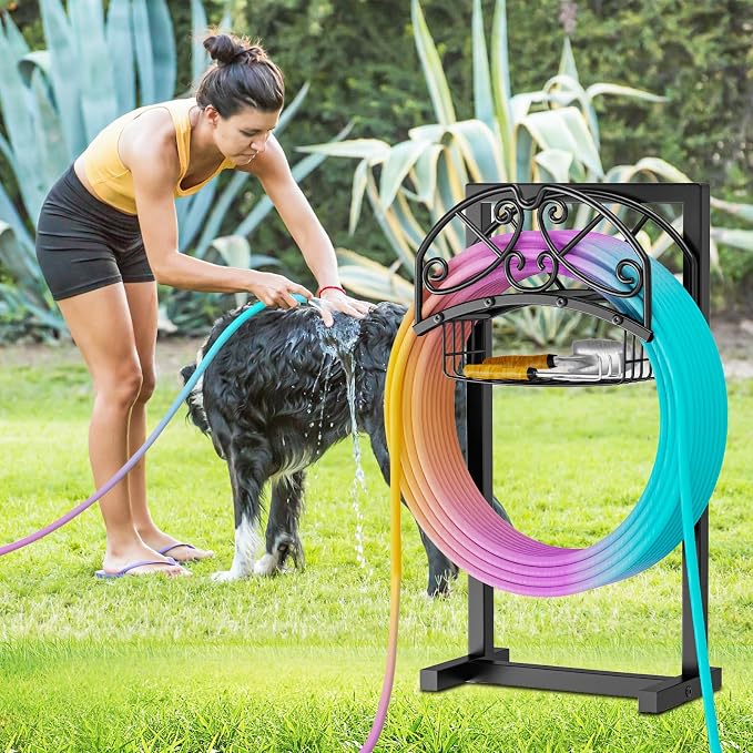 Garden Hose Holder, Metal Water Hose Holder with Storage Basket, Heavy Duty 4 Spikes Hose Hanger Holds 150 Feet Hoses, Freestanding Hose Storage Reel Rack for Outdoor Yard Lawn,Line