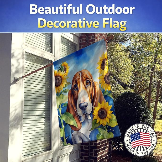 Caroline's Treasures DAC6017CHF Basset Hound in Sunflowers House Flag Large Porch Sleeve Pole Decorative Outside Yard Banner Artwork Wall Hanging, Polyester, House Size, Multicolor