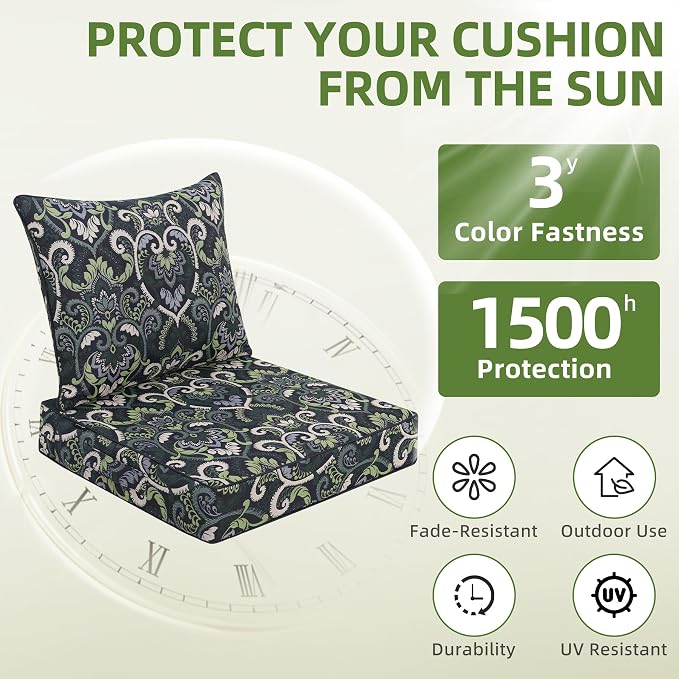 Favoyard Outdoor Deep Seat Patio Cushions Set, 22 x 22 Inch Rainproof & 3-Year Fade Resistant Patio Furniture Cushion, Removable Bottom & Back Cushion with Ties for Yard, Garden, Green Floral
