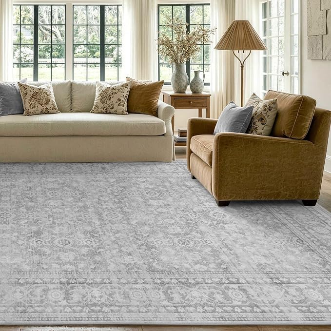 6x9 Ft Large Area Rugs for Living Room, Soft Non-Slip Machine Washable Rug, Vintage Stain Resistant Carpets for Bedroom Nursery Dining Room Home Decor (Grey)