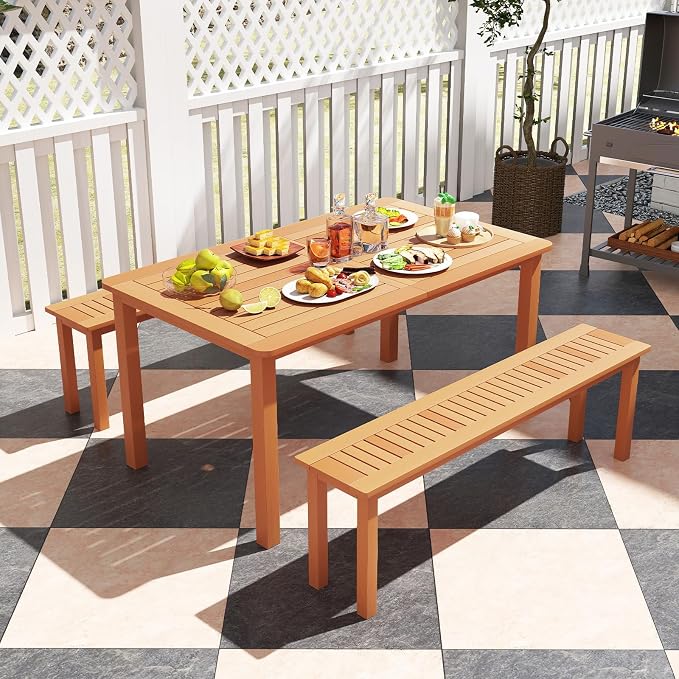 Tangkula Outdoor Wood Bench, 59” Long Patio Dining Bench Set of 2, Backless Wooden Bench with Teak Oil Finish & Slat Seat, Accent Entryway Bench, Farmhouse Bench for Yard, Garden, Porch, Indoors