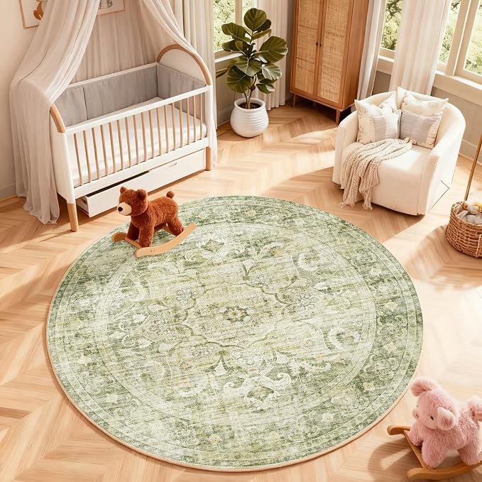 4ft Washable Round Rugs for Bedroom: Circle Living Room Rug Boho Vintage Non Slip Low Pile Soft Faux Wool Non Shedding Small Carpet Rug for Kitchen Entryway Bathroom Bedside Home Office Dorm Kids Room