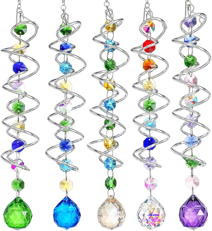 5 Pack Crystal Suncatcher Gazing Ball Spiral Wind Spinner Garden Decor | Crystal Sun Catcher Wind Spinner with Spiral Tail Gazing Ball Hanging for Indoor Outdoor Garden Patio Yard Home Decor