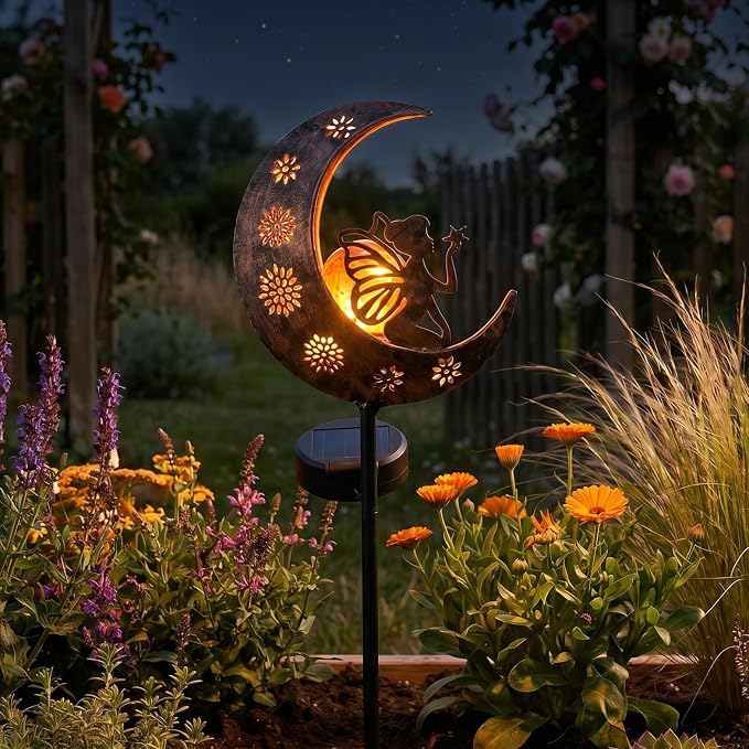 TERESA'S COLLECTIONS Garden Decor for Outside, Moon Fairy Garden Accessories for Outdoor Decor, 32'' Solar Lights for Yard Decorations Outdoor, Metal Yard Stakes for Lawn Patio Porch Gifts for Mom