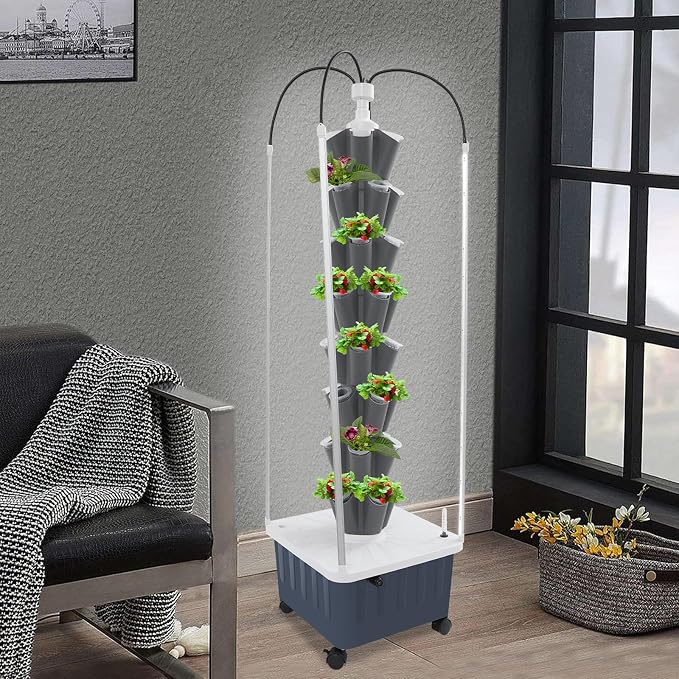 Hydroponic Growing Tower with Grow Lights, 40 Holes Vertical Planter Tower Hydroponics Growing System Kit with Wheels, for Fruits, Vegetables, Herbs and Miniature Greens (White)