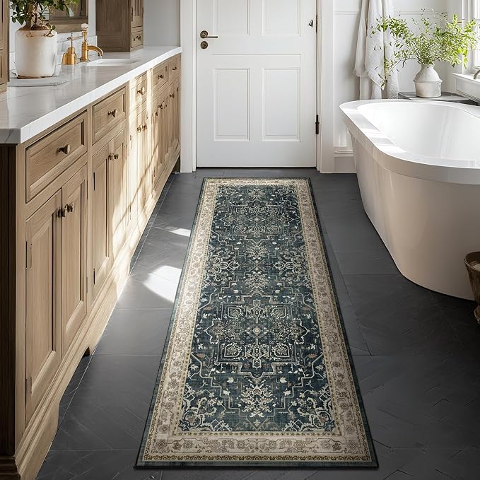 Farmhouse Entryway Rugs 2x6, Low Pile Kitchen Runners Washable Non Slip, Distressed Medallion Printed Carpet Runners for Hallway/Bathroom/Bedroom Bedside/Laundry Room, Midnight/Multi