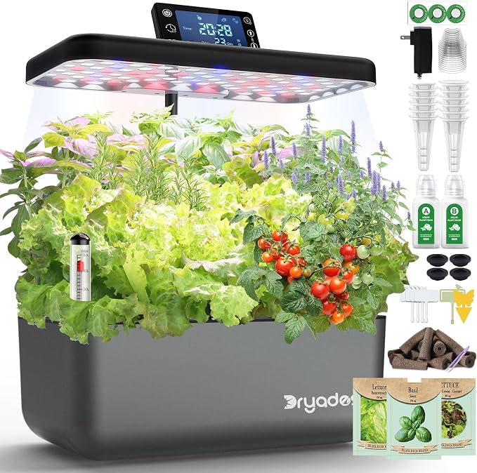 Hydroponics Growing System Kit with Seeds, 12-Pod Indoor Garden with 24W Full-Spectrum LED Grow Light, Smart LCD Control and 7L Water Tank for Herbs, Lettuce, Vegetables and Flowers(Black)