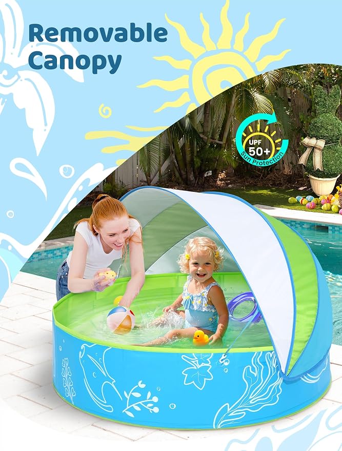 Hikiddy Foldable Kiddie Pool with Canopy, 47in, Blue-Green | for Baby Toddler Kids Pets - Summer Water Play Pool with Removable Shade - Portable for Outdoor Backyard Beach