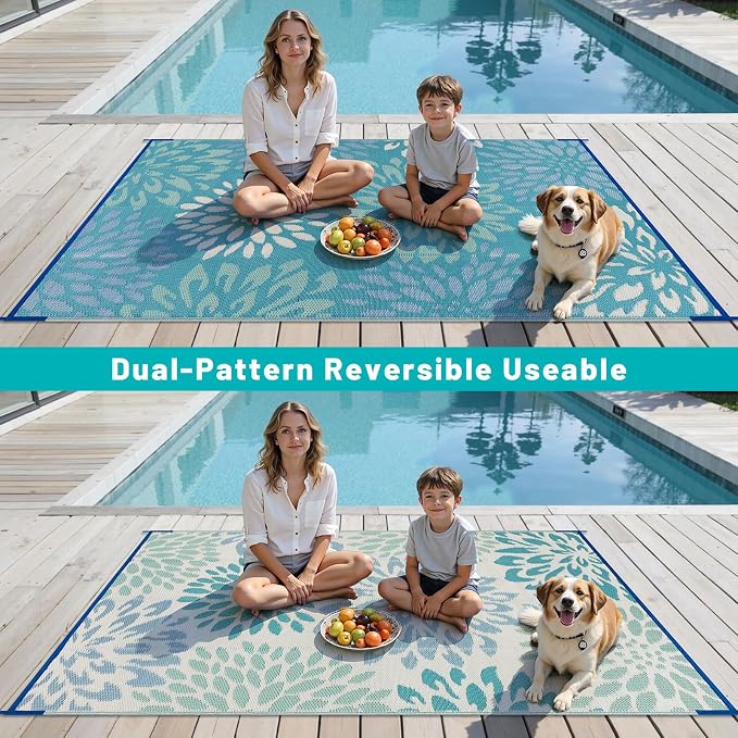 HEBE Waterproof Outdoor Rug 5x8 for Patios, Floral Reversible Plastic Straw Rug Patio Mat, Indoor Outdoor Carpet RV Mat Camping Rug for Deck, Camper, Porch, Balcony, Backyard, Picnic