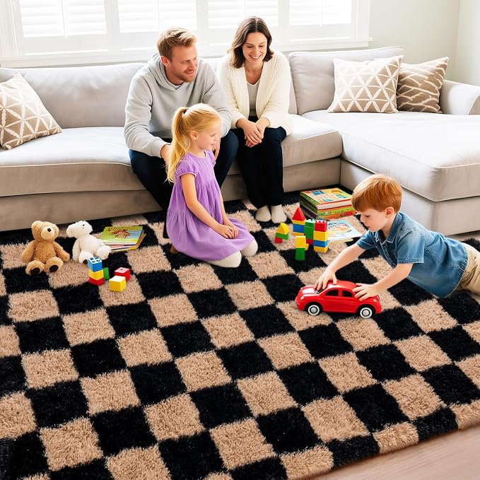 Checkered Rugs for Bedroom, 4x6 Ultra Fluffy Fuzzy Shag Area Rug for Living Room, Modern Plush Soft Upgrade Non-Slip Carpet for Kids Girls and Boys Room Dorm Nursery Home Decor, Black and Beige