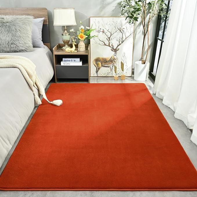 Amearea Modern Area Rug for Bedroom Living Room, 4x6 Orange Memory Foam Rug | Thickened Fluffy Indoor Washable Rugs Non Slip Minimalist Carpet for Kids Boys Girls Dorm Nursery Room Decor