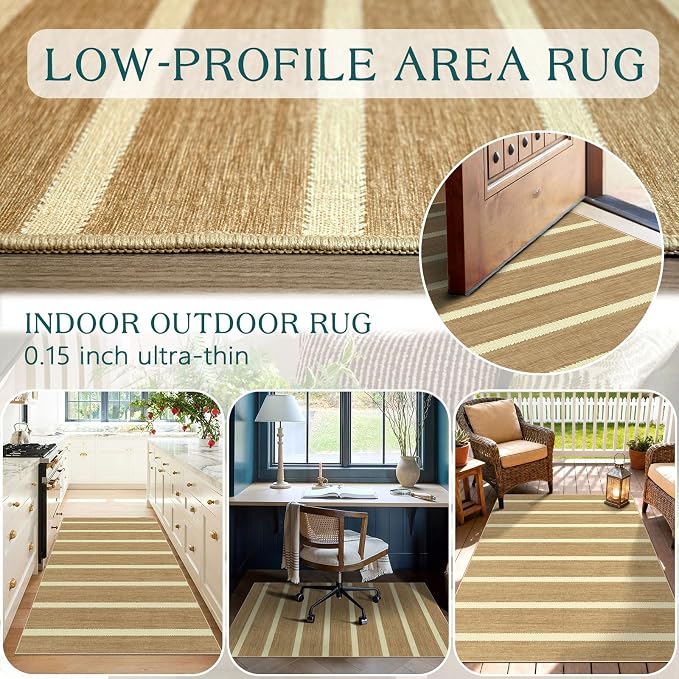 Striped 3x5 Entry Rug, Washable Indoor Outdoor Mats for Front Door | Non-Slip Porch Rug Tan Beige Cottage Farmhouse Small Rugs for Living Room Bedroom Entryway Kitchen Mudroom Office Porch Decor