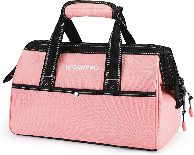 WORKPRO 13-Inch Tool Bag, Pink Soft Cloth Tool Storage Bags, Wide Mouth Tool Tote Bag with Inside Pockets - Pink Ribbon | Soft Cloth, Wide Mouth, Tool Tote Bag