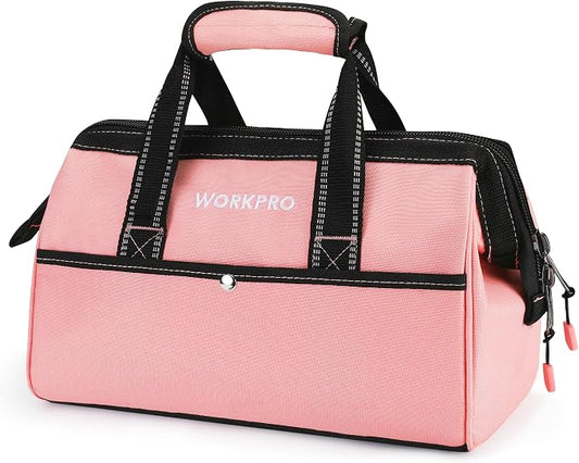WORKPRO 13-Inch Tool Bag, Pink Soft Cloth Tool Storage Bags, Wide Mouth Tool Tote Bag with Inside Pockets - Pink Ribbon | Soft Cloth, Wide Mouth, Tool Tote Bag