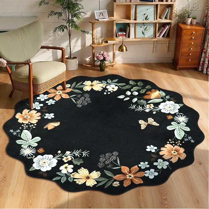 Lahome Floral Washable Round Area Rug, Soft Round Rugs 6ft Ultra-Thin Black | Non-Slip Boho Large Circle Carpet for Bedroom Living Room Kitchen Nursery Flore Black/Grey