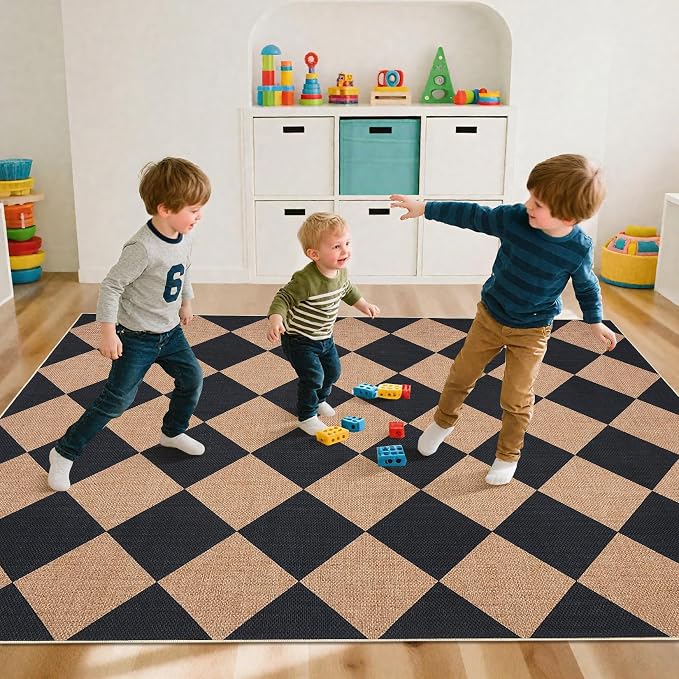 GarveeHome Checkered Easy Jute Area Rug 10x13 Machine Washable Non-Slip Stain Resistant Indoor Outdoor Rugs for Living Room, Bedroom, Kitchen, Dining, Patio Farmhouse Style Black Tan