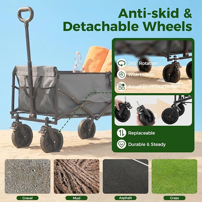 OLIXIS Collapsible Wagon 102L Standard Heavy Duty Utility Folding Wagon Cart with Lockable Brake Wheels – 330 lbs Weight Capacity, Flexible Handle for Beach, Grocery, Camping, Sports & Garden, Gray