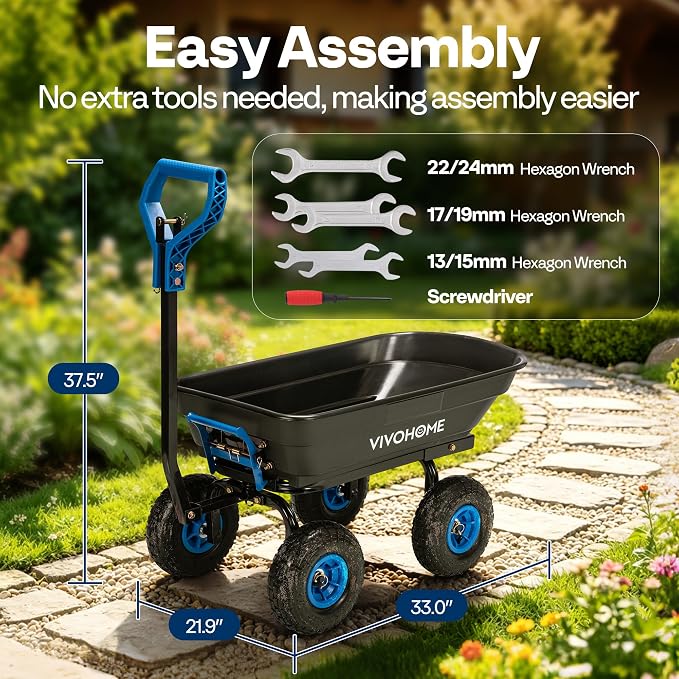 VIVOHOME 660lbs Wheelbarrow Dump Garden Cart with 2-in-1 Convertible Handle | Attach to ATV or Tractor, 10" All Terrain Wheels, Heavy Duty Utility Trailer for Yard