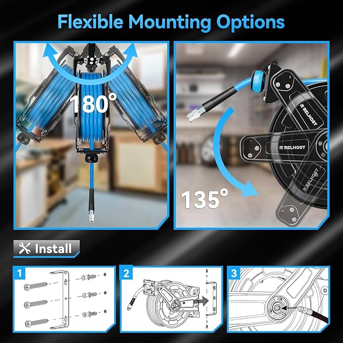 Relhost Retractable Air Hose Reel, 65 ft x 3/8 in Hybrid Air Hose Max 300PSI, Heavy Duty Air Compressor Hose Reel with Dual Arms, Auto Rewind, 180° Swivel Ceiling/Wall Mount for Garages, Workshops