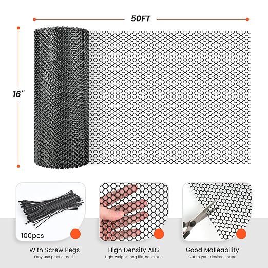 Toolterritary Plastic Wire Mesh,16IN x 50FT Chicken Wire Fencing for Floral Arrangements, Chicken Wire Mesh for Crafts with 100 Pcs Zip Ties,Gaden Netting for Dogs, Deers, Poultry