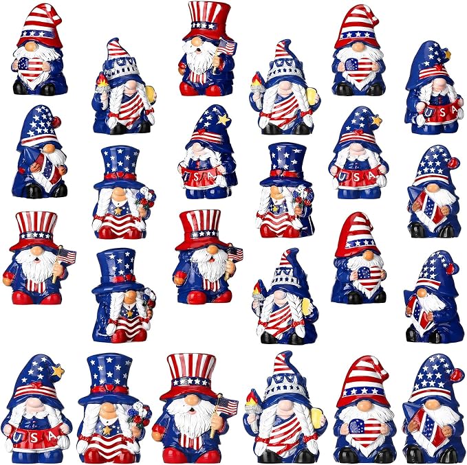 Yaomiao 60 Pcs Mini Resin 4th of July Gnomes Figurines Bulk Small Resin Patriotic Gnome 250th Anniversary Miniature Gnomes USA America Independence Day Decoration for Table Landscape Tiered Tray Decor