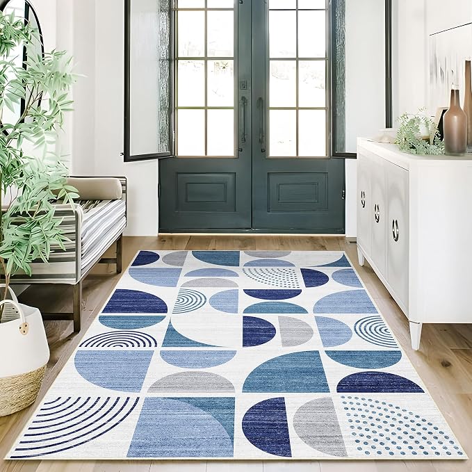 3x5 Rug Washable,Blue Boho Area Rugs Small Non Slip Modern Abstract | Machine Washable Throw Carpet for Bedroom Entryway Living Room Bedside Soft Low Pile Floor Indoor Bohemian Navy Blue