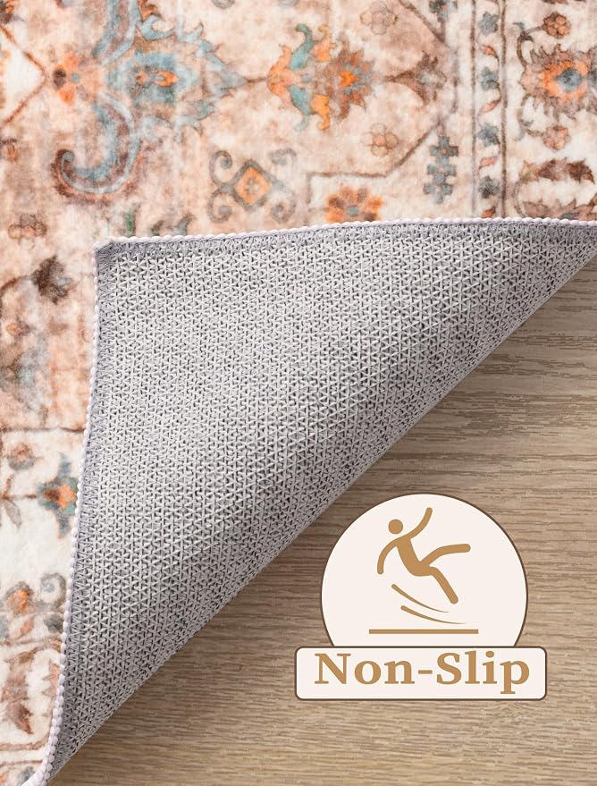 SERISSA 2'6"x10' Washable Non Slip Boho Runner Rug for Hallway，Peach Cream | Ultra Soft Vintage Oriental Carpet Low-Pile Tribal Floor Carpet for Kitchen Bedroom Bathroom Laundry Room