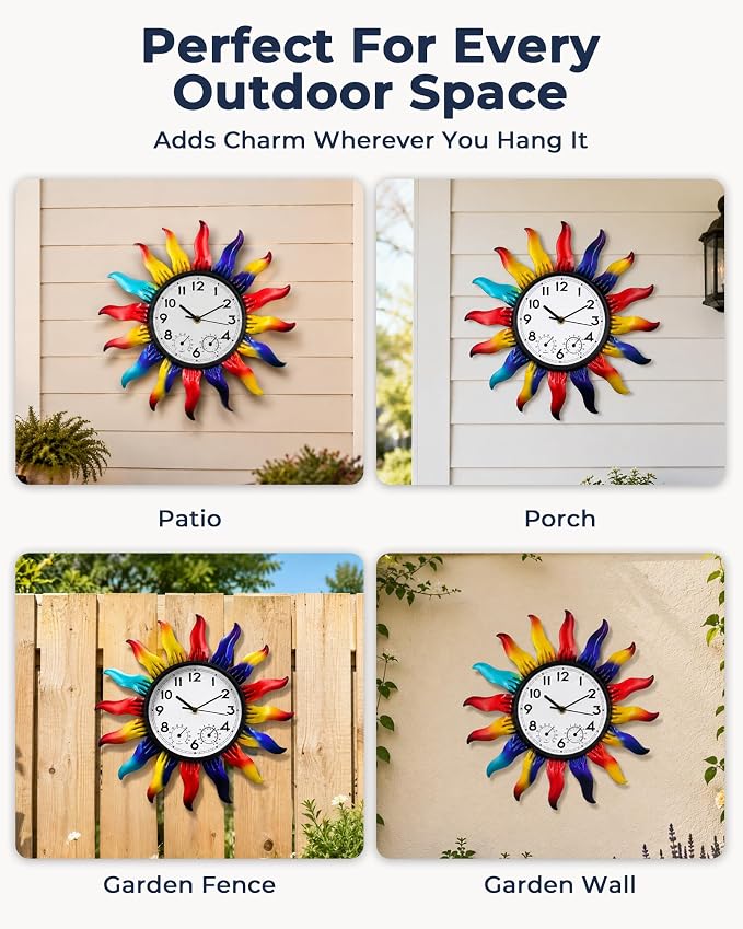 13 Inch Metal Outdoor Wall Clock Colorful Sun Decor Waterproof Outside Clock with Thermometer Humidity Gauge Silent Non Ticking Quartz Timepiece for Garden, Patio, Fence, Yard Gift