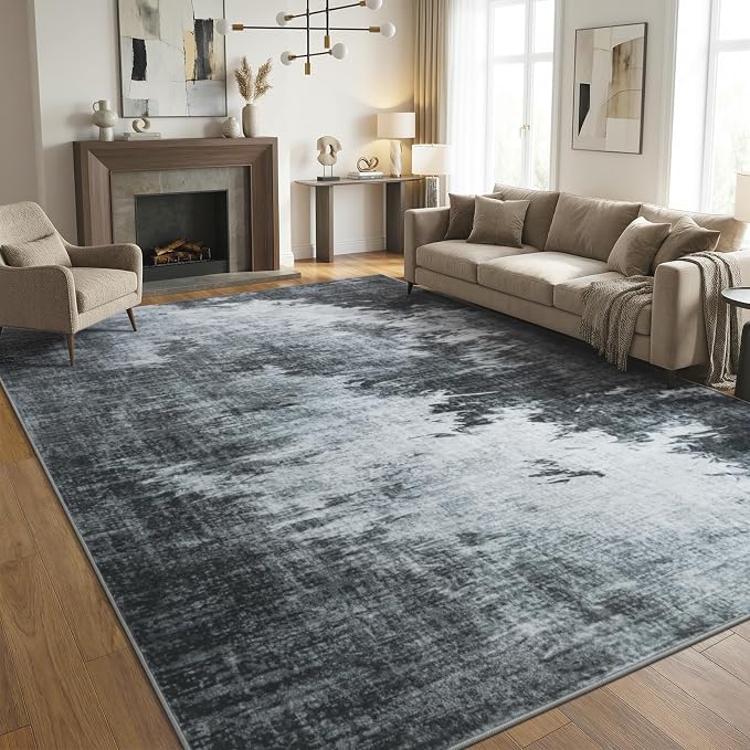 5x7 Black and Grey Low Profile Abstract Rug: Distressed Washable | Non-Skid Stain Resistant Thin Carpet, Pets Kids Friendly Rugs for Bedroom, Living Room, Dorm, Apartment, High Traffic Area