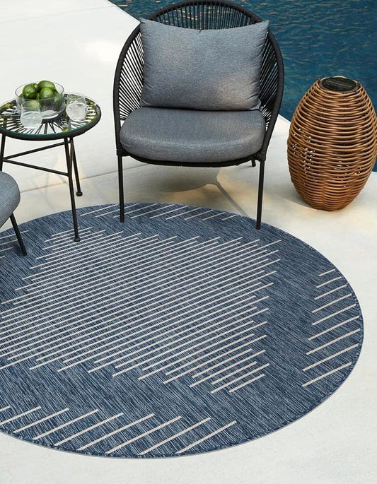 Unique Loom Outdoor Modern Collection Area Rug - Tambor (13' Round Blue/Ivory)