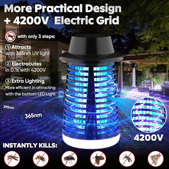 Bug Zapper, Mosquito Zapper with LED Light, Bug Zapper Outdoor Indoor- 4200V Electric Fly Trap with 5.9ft Cable, Fly Zapper Indoor, Mosquito Repellent Outdoor Patio and Backyard, Home, Camping