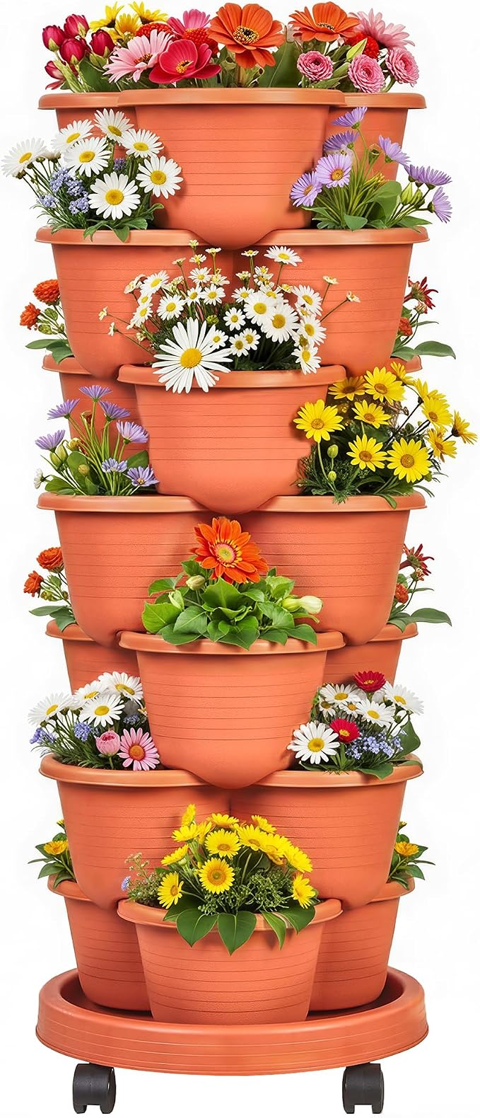 VECELO 7 Tier Vertical Garden Planter, Self Watering Stackable Planters with Wheels for Strawberries, Herbs, Flowers, Vegetables, Red