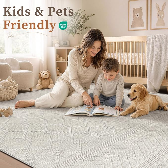 pmtsns Area Rugs 9x12 Washable Rug for Living Room(Taupe, 9'x12') | Modern Geometric Moroccan Large Rugs Non-Slip Soft Stain Resistant Rug Indoor Printed Carpet for Bedroom Dining Room Nursery