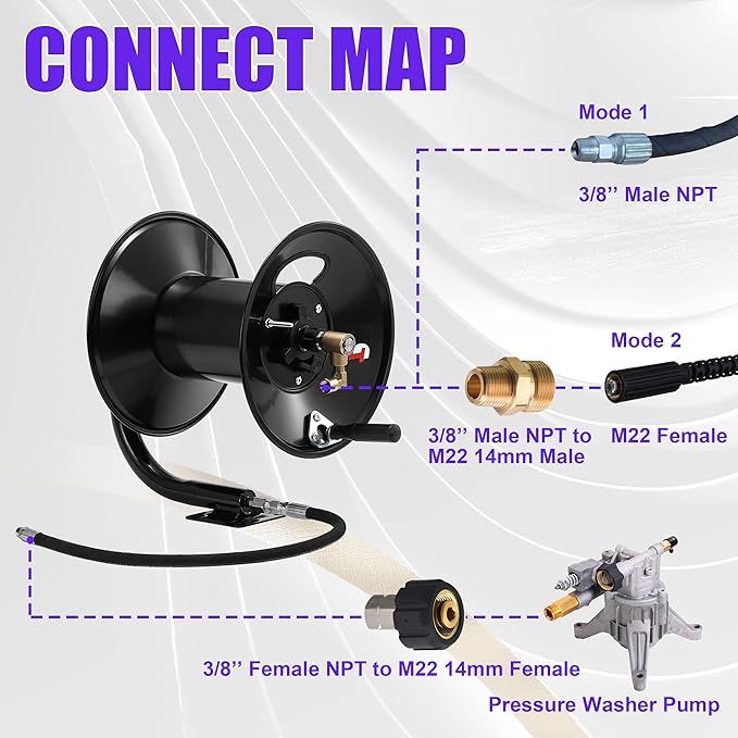 Tool Daily Pressure Washer Hose Reel 150FTx3/8" / 300FTx1/4", 4000 PSI | Heavy Duty Power Washer Hose Reel for Water, Hand Crank Steel Reel with Wall/Floor/Van Mount
