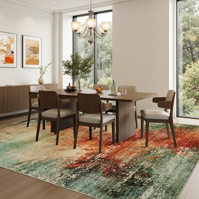 Joydeco 6x9 Area Rugs for Living Room, Non-Slip Modern Abstract Soft Washable Rug, Low Pile Carpet for Bedroom, Dining Room, Home Office, Pet & Child Friendly, Green & Orange & White