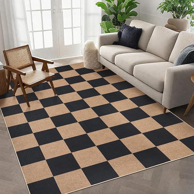 GarveeHome Checkered Easy Jute 5x7 Area Rugs for Living Room Machine Washable Non-Slip Backing Stain Resistant Modern Indoor Outdoor Rugs for Farmhouse Dining Room Patio Black Tan