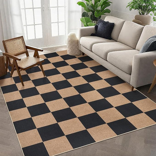 GarveeHome Checkered Easy Jute 5x7 Area Rugs for Living Room Machine Washable Non-Slip Backing Stain Resistant Modern Indoor Outdoor Rugs for Farmhouse Dining Room Patio Black Tan
