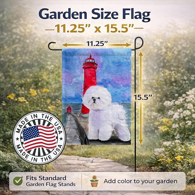 Caroline's Treasures SS8891GF Lighthouse with Bichon Frise Garden Flag Mailbox Flag Decorative Yard Flag Banner Outside Patio Artwork Yard Flower Beds, Garden Size, Multicolor