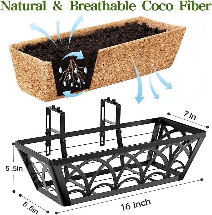 16 Inch Railing Planter Box Window Boxes Planters - 4 Pack Deck Railing Planter Boxes with Adjustable Brackets Coco Liners Balcony Planters Railing Hanging for Window Flower Boxes Outdoor Garden Decor