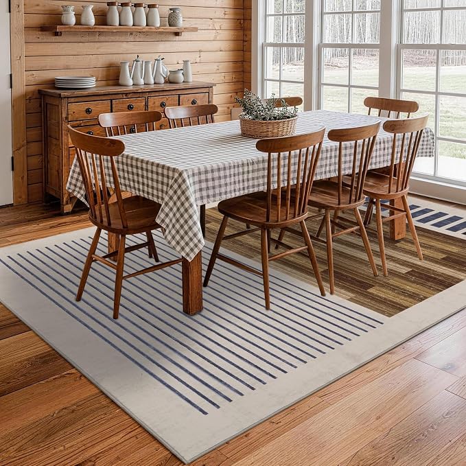 6x9 Washable Area Rug for Living Room, Abstract Striped, White Brown Black | Modern Geometric Color Block, Ivory Low Pile Non Slip Rug for Bedroom Dining Room Office, Soft Faux Wool