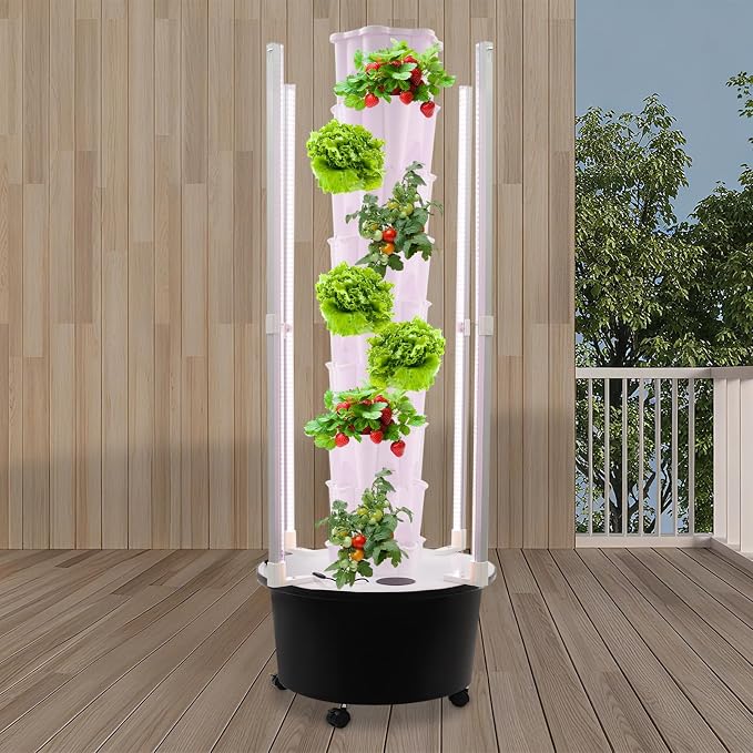 8 Tier Hydroponic Growing Tower with Led Grow Lights Water Pump, 48 Planting Pots Vertical Garden Indoor Outdoor Automatic Water Circulation System, Locking Wheels for Home, Patio, Balcony