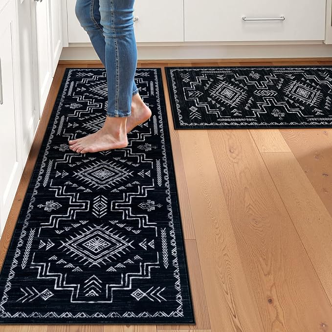STARUIA Washable Kitchen Runner Rug, 2x6 Black Runner Rugs for Hallway, Non-Slip Western Aztec Tribal Low Pile Non-Shedding Carpet for Kitchen, Hallways, Entryway, Bedroom, Bathroom(Black 2'x6')