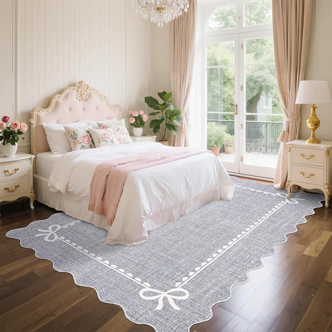 GarveeHome Scalloped Bow Rug 9x12 Washable Grey Rug for Bedroom Living Room | Non Slip Soft Low Pile Large Indoor Carpet for Nursery Girls Bedroom Decor Hallway Kids Room College Dorm Playroom