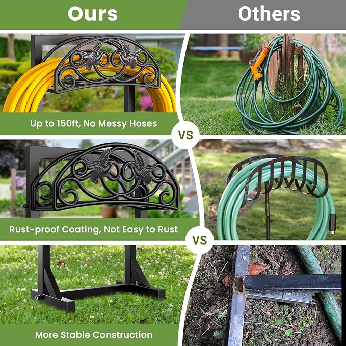 Pattiumo Garden Hose Holder Stand, Heavy Duty Freestanding Metal Hose Holder with 4 Spikes, Hose Reel Alternative Holds up to 150 ft for Yard Lawn Garden Patio